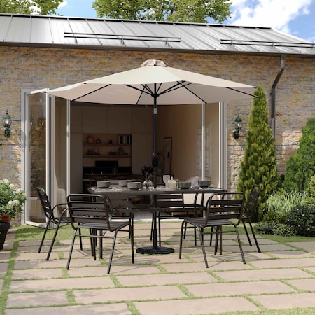Flash Furniture Montego 9 FT Round Umbrella with 32 Solar LED Lights and Crank and Tilt Functionality in Tan GM-WL-U22002B-TAN-GG